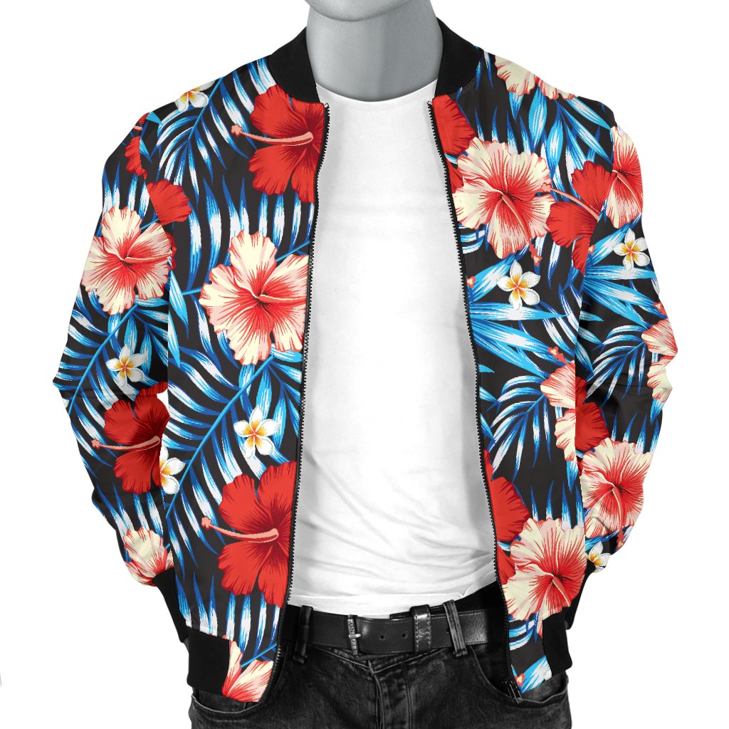 Red Hibiscus Blue Scene Men Casual Bomber Jacket