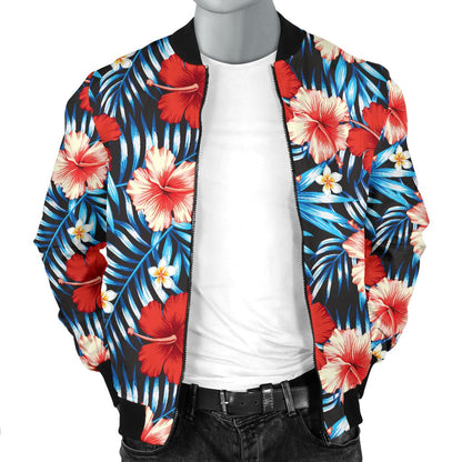 Red Hibiscus Blue Scene Men Casual Bomber Jacket