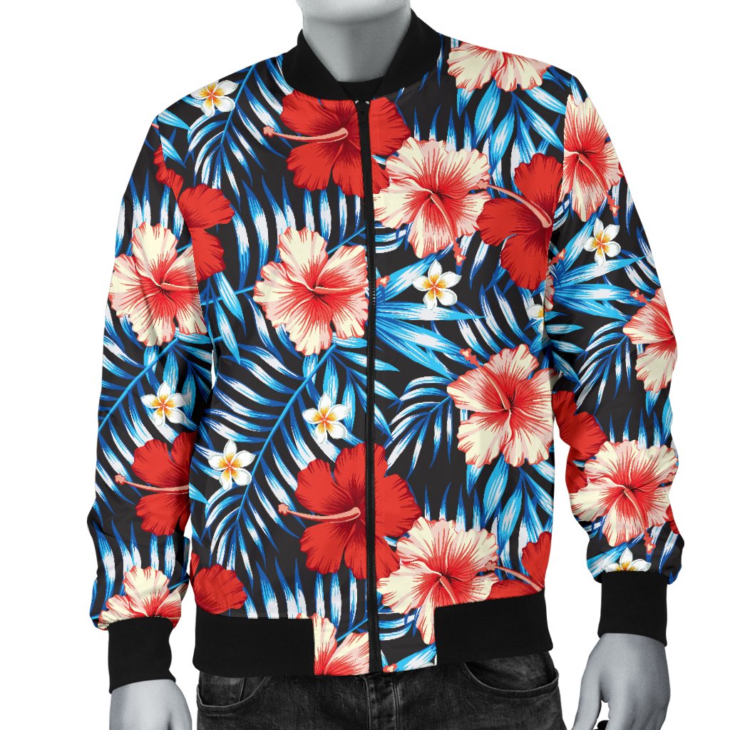 Red Hibiscus Blue Scene Men Casual Bomber Jacket
