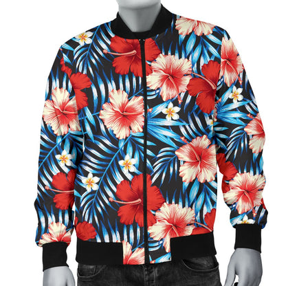 Red Hibiscus Blue Scene Men Casual Bomber Jacket