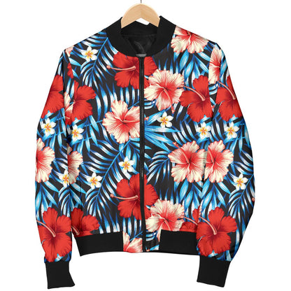 Red Hibiscus Blue Scene Men Casual Bomber Jacket