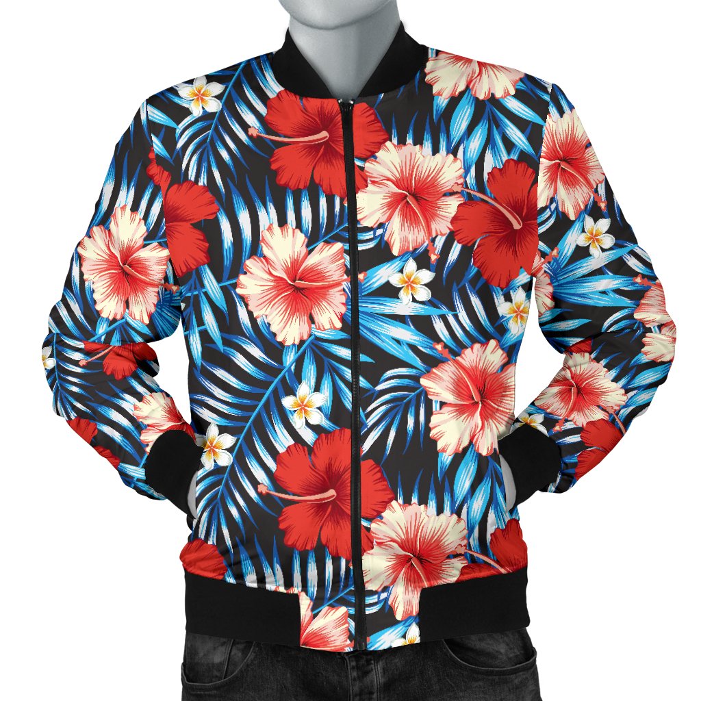Red Hibiscus Blue Scene Men Casual Bomber Jacket