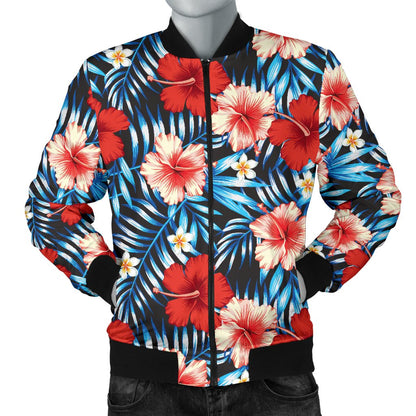 Red Hibiscus Blue Scene Men Casual Bomber Jacket
