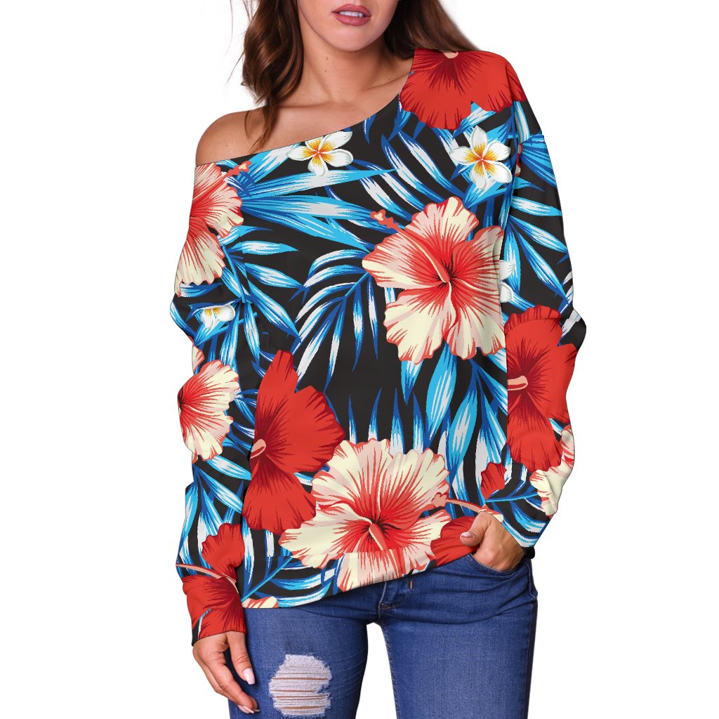 Red Hibiscus Blue Scene Off Shoulder Sweatshirt