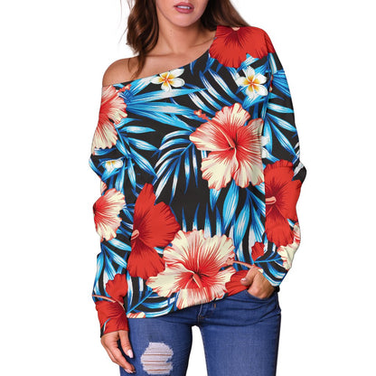 Red Hibiscus Blue Scene Off Shoulder Sweatshirt