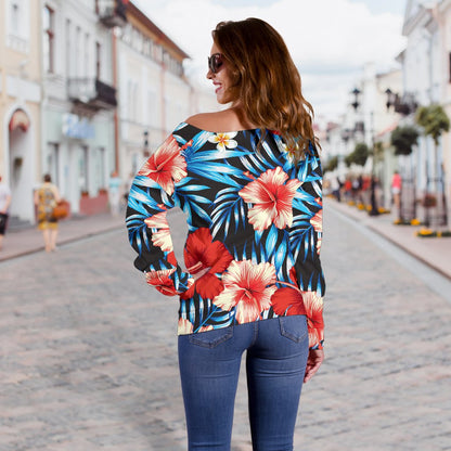 Red Hibiscus Blue Scene Off Shoulder Sweatshirt