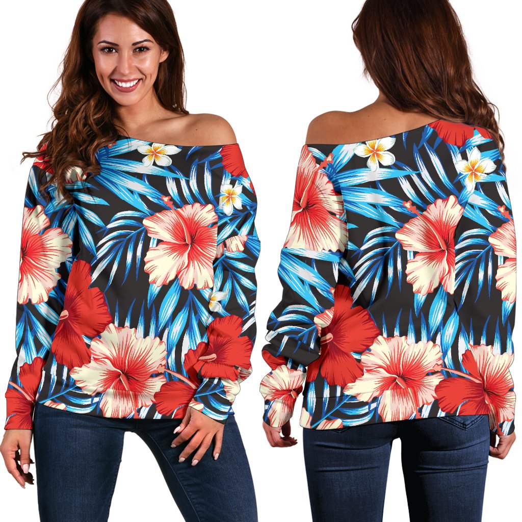 Red Hibiscus Blue Scene Off Shoulder Sweatshirt