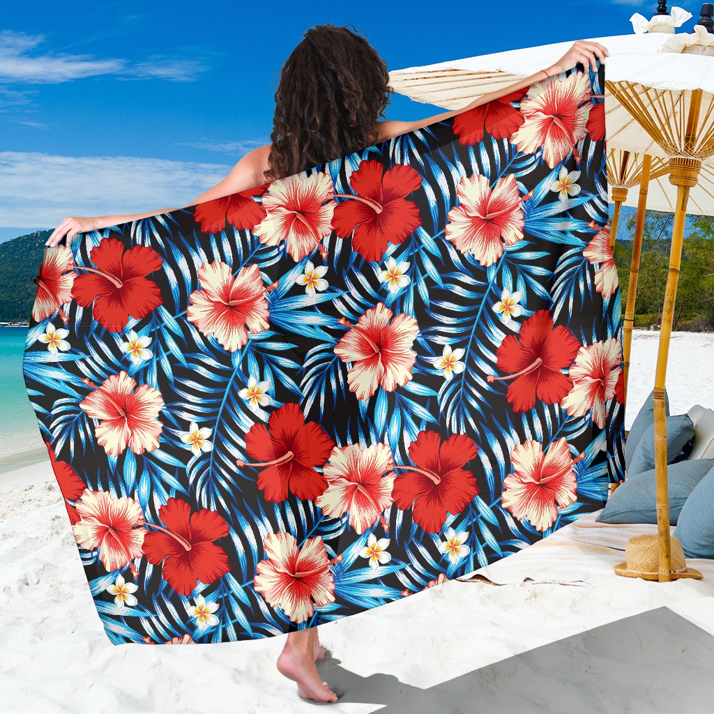 Red Hibiscus Blue Scene Sarong Pareo Wrap