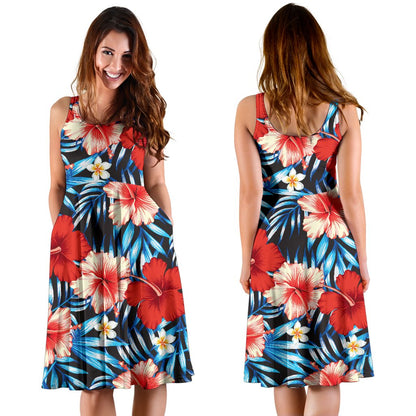 Red Hibiscus Blue Scene Sleeveless Mini Dress