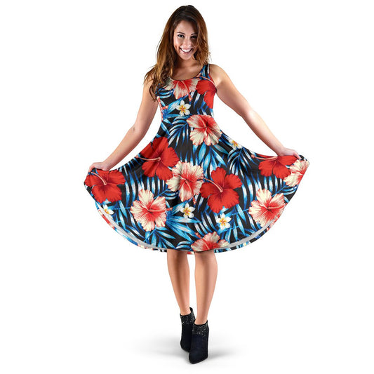 Red Hibiscus Blue Scene Sleeveless Mini Dress