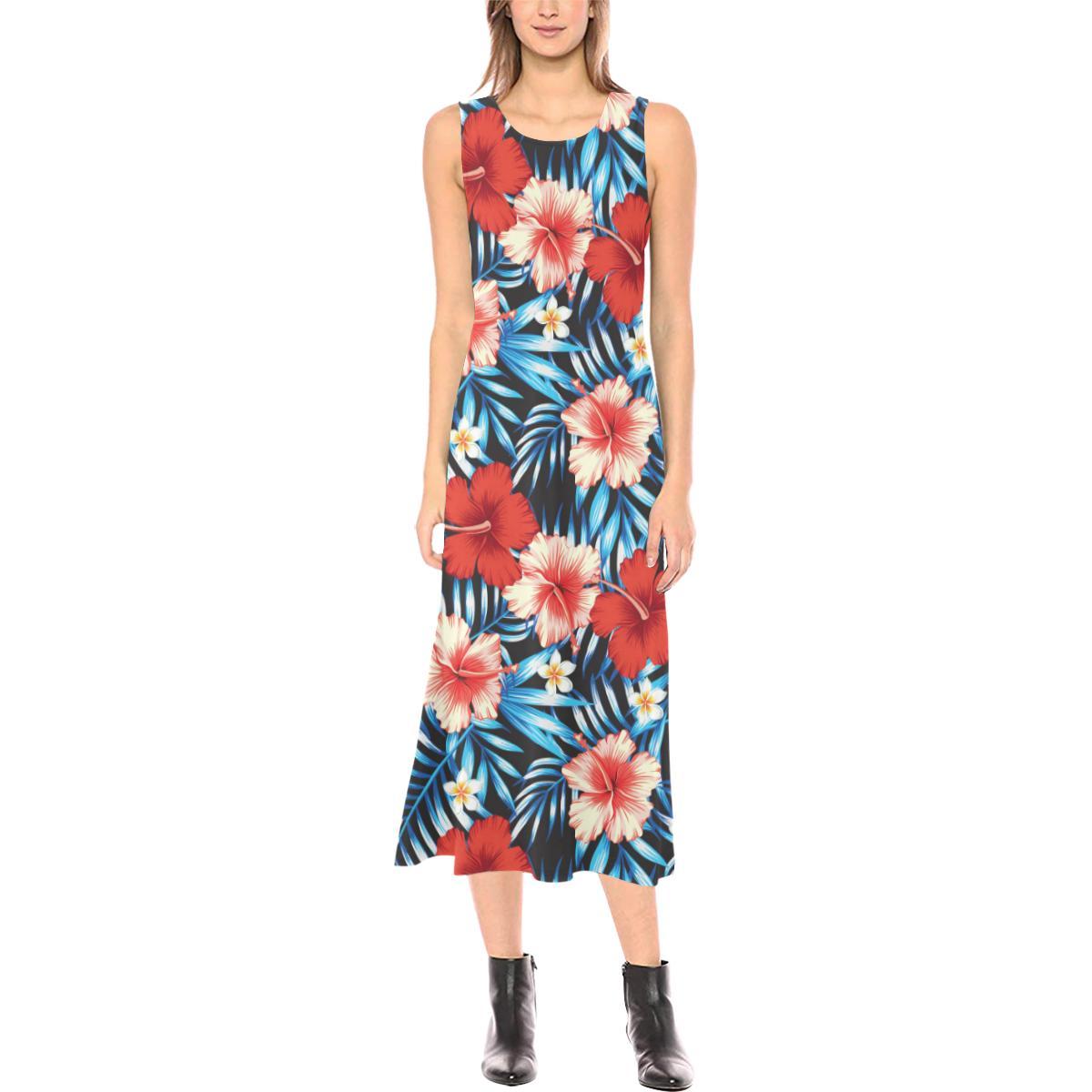 Red Hibiscus Blue Scene Sleeveless Open Fork Long Dress