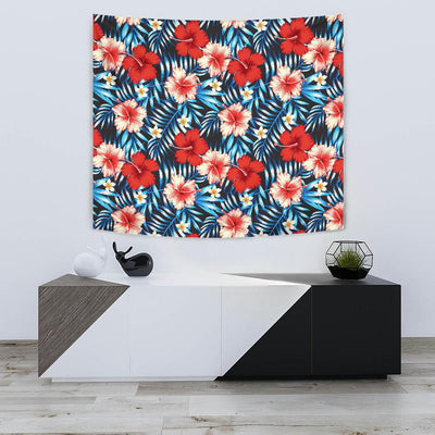 Red Hibiscus Blue Scene Tapestry