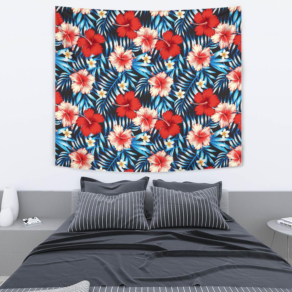 Red Hibiscus Blue Scene Tapestry