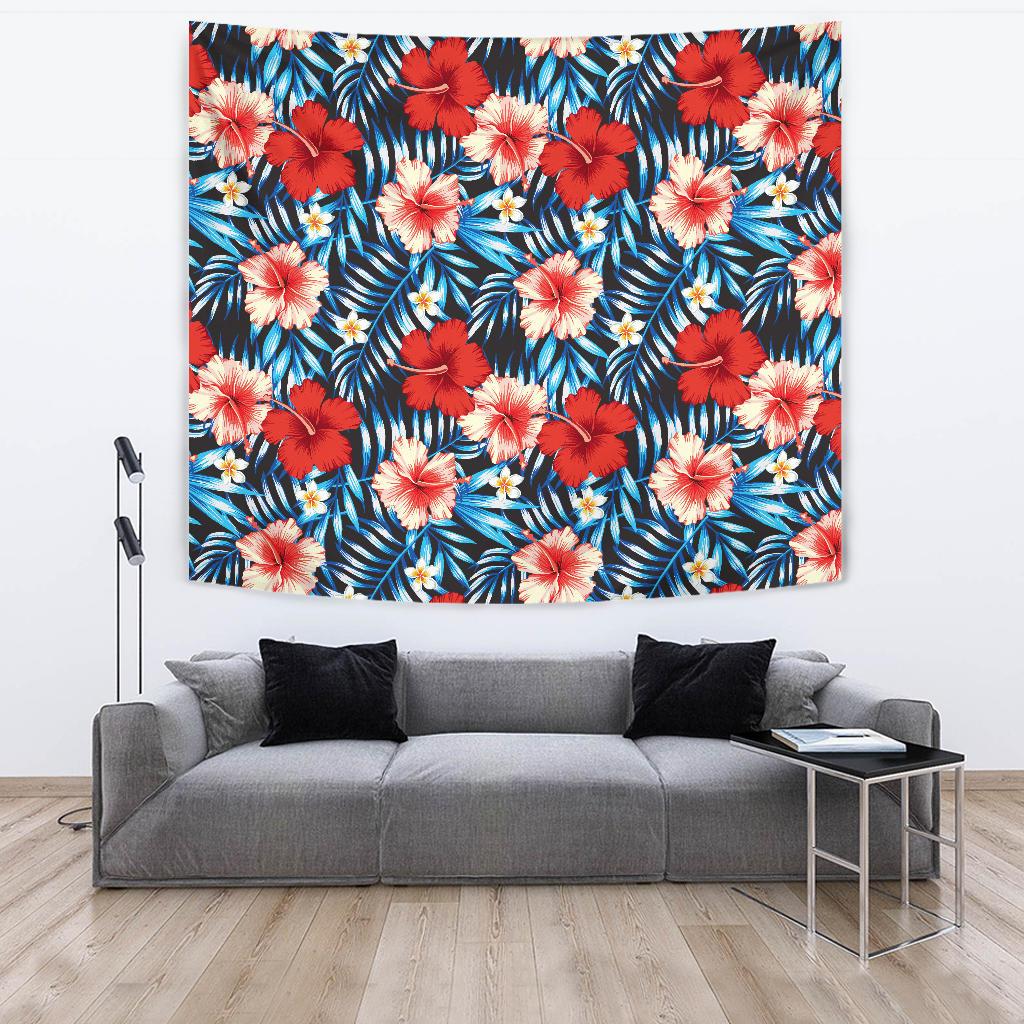 Red Hibiscus Blue Scene Tapestry