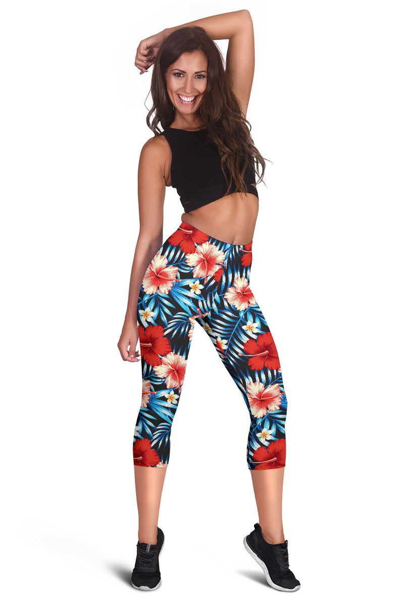 Red Hibiscus Blue Scene Women Capris