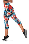 Red Hibiscus Blue Scene Women Capris