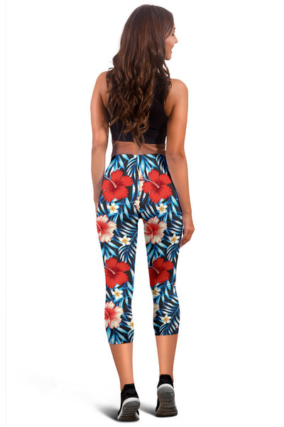 Red Hibiscus Blue Scene Women Capris