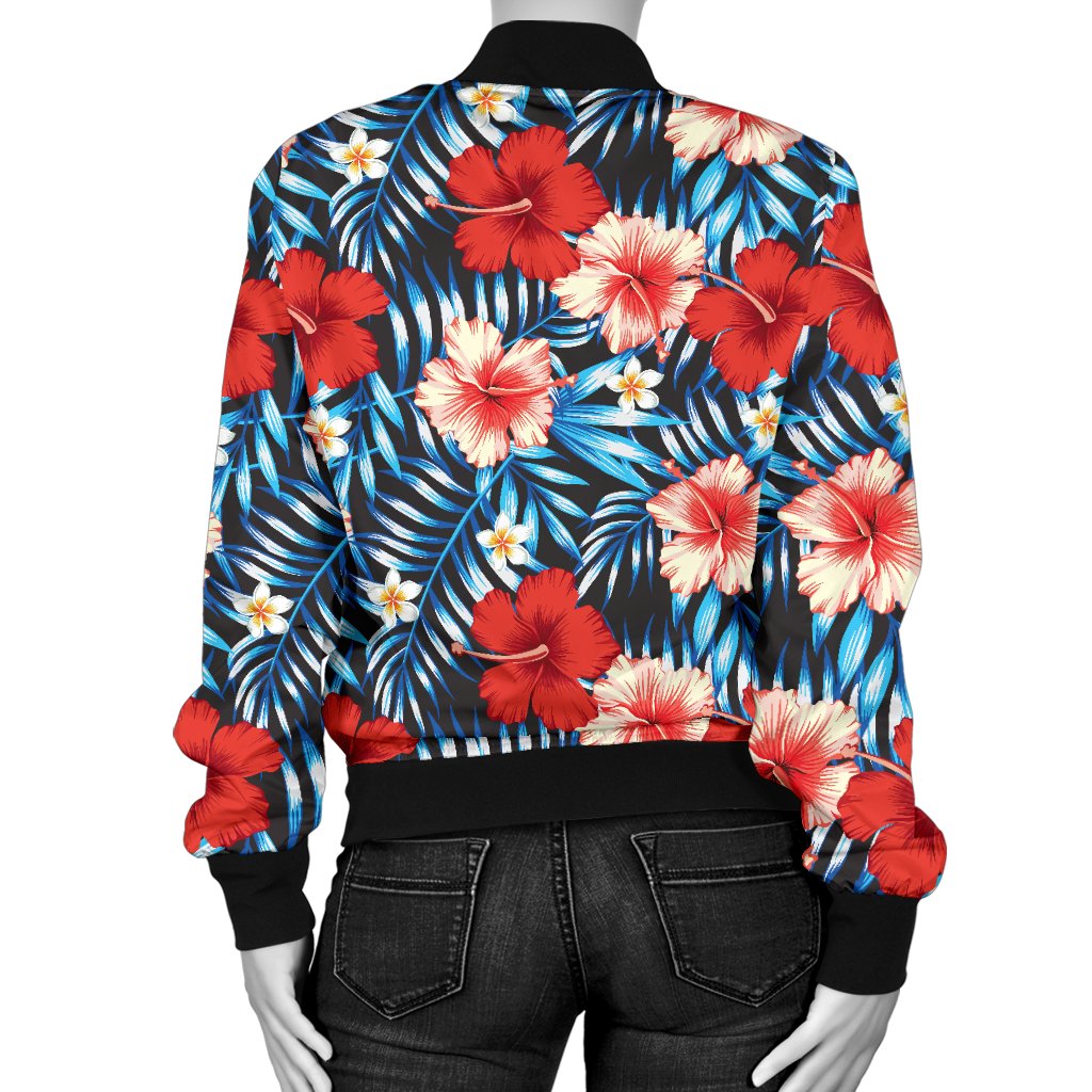 Red Hibiscus Blue Scene Women Casual Bomber Jacket