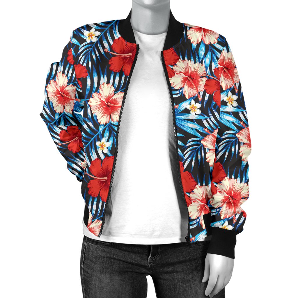Red Hibiscus Blue Scene Women Casual Bomber Jacket