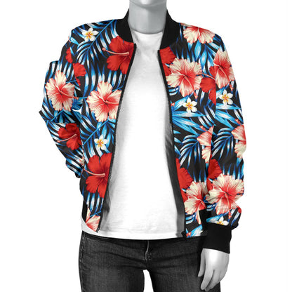 Red Hibiscus Blue Scene Women Casual Bomber Jacket