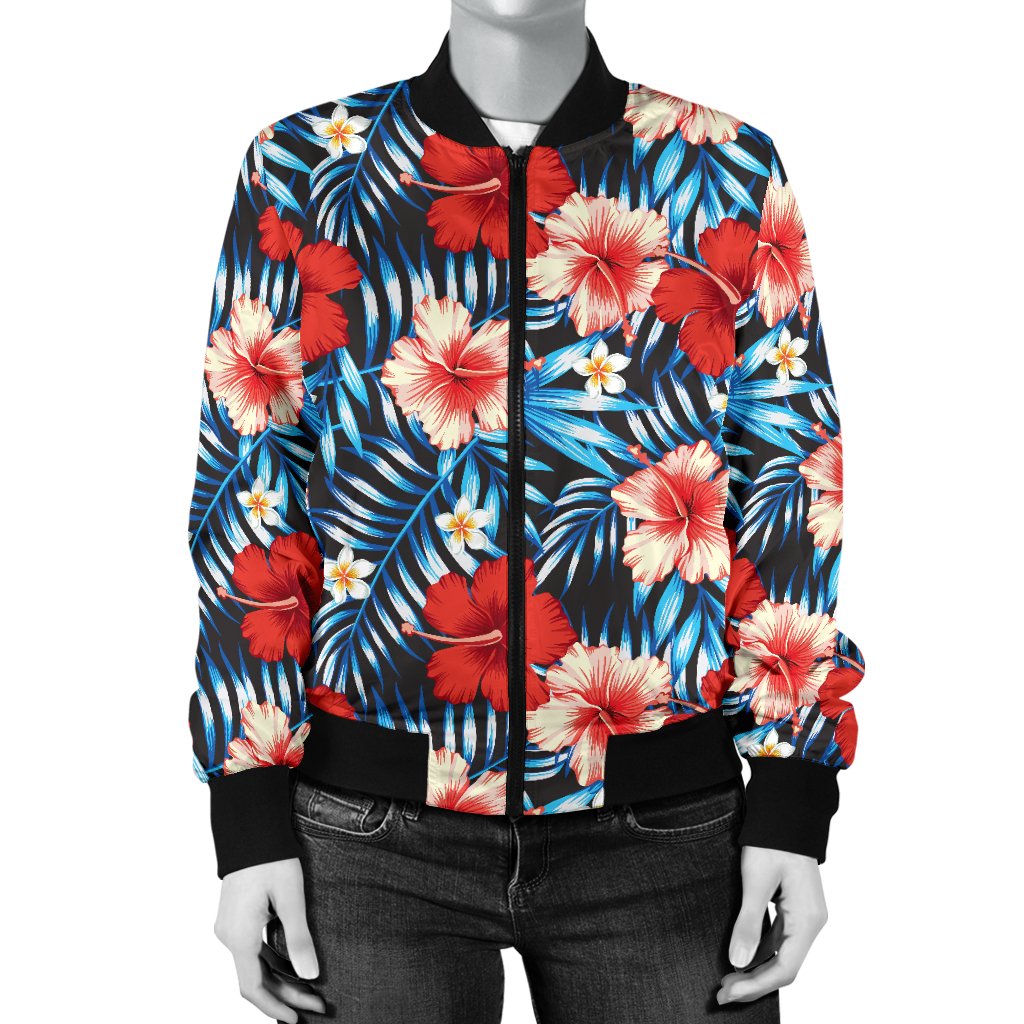 Red Hibiscus Blue Scene Women Casual Bomber Jacket