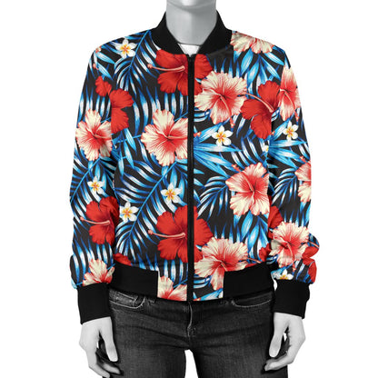 Red Hibiscus Blue Scene Women Casual Bomber Jacket