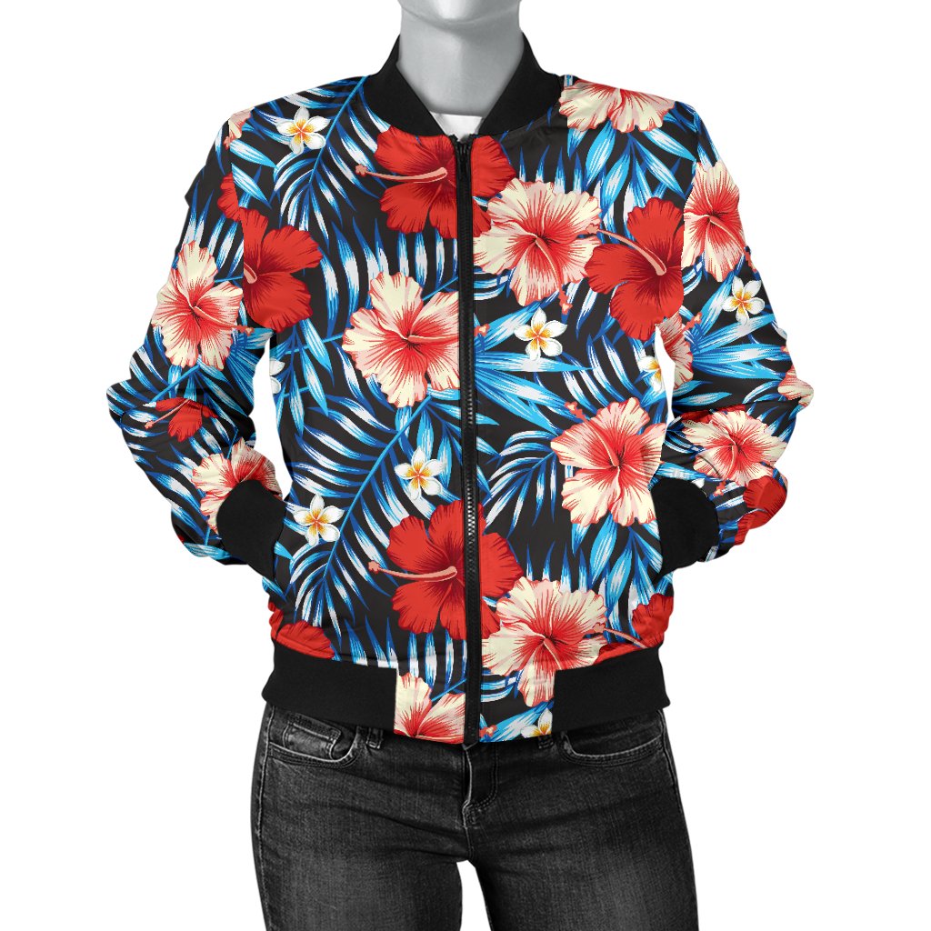 Red Hibiscus Blue Scene Women Casual Bomber Jacket