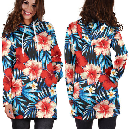 Red Hibiscus Blue Scene Women Hoodie Dress