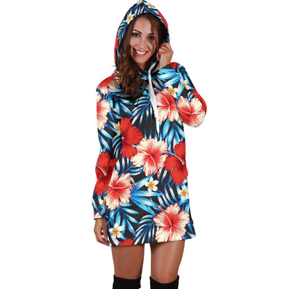 Red Hibiscus Blue Scene Women Hoodie Dress