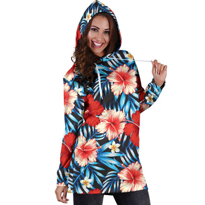 Red Hibiscus Blue Scene Women Hoodie Dress