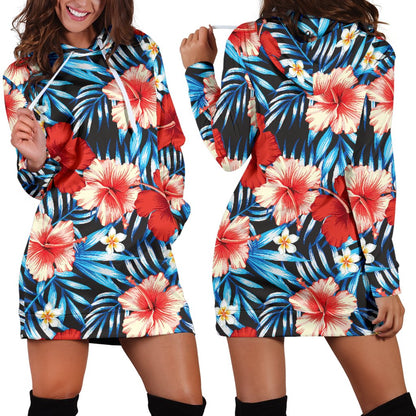 Red Hibiscus Blue Scene Women Hoodie Dress