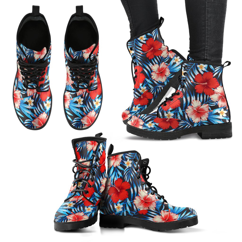 Red Hibiscus Blue Scene Women Leather Boots