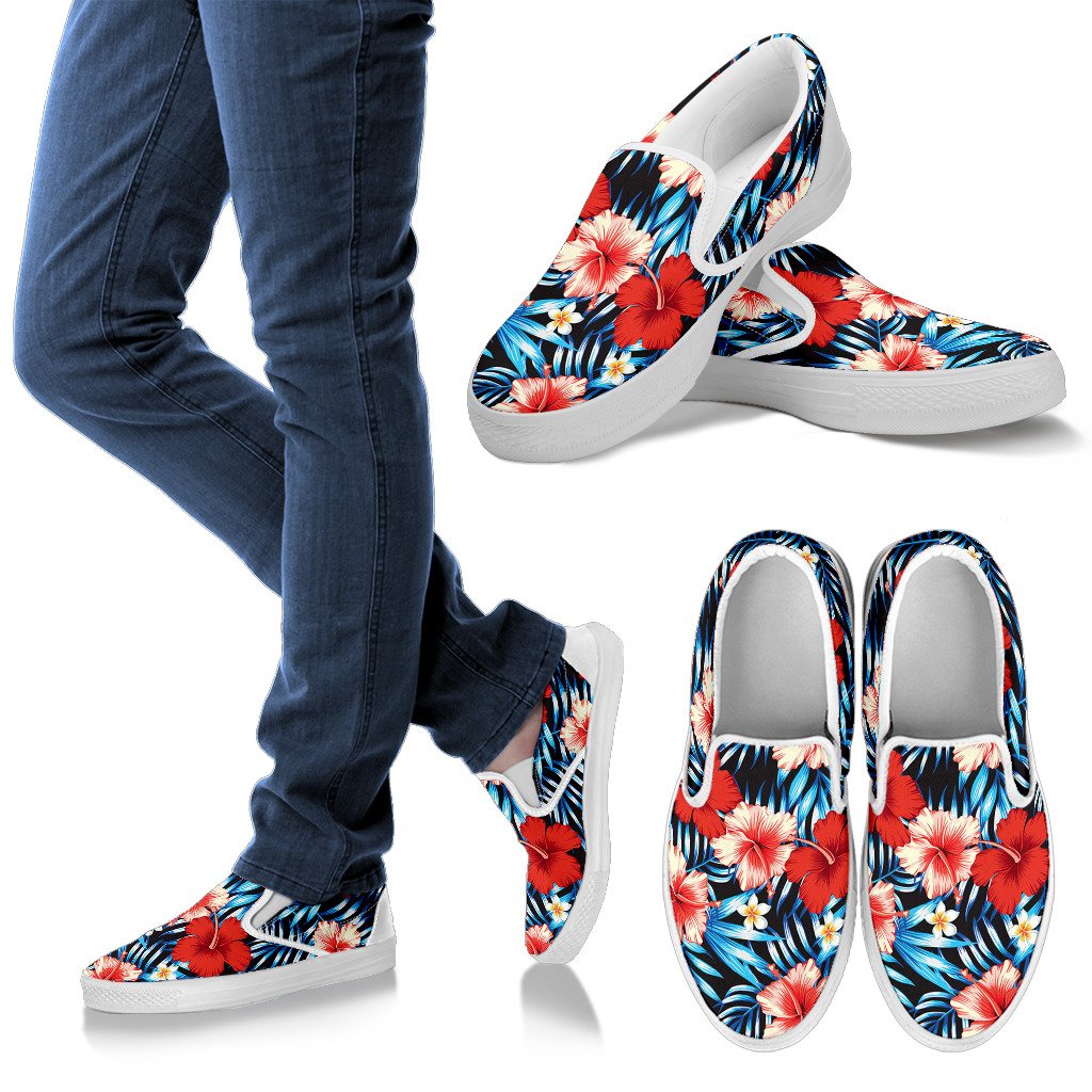 Red Hibiscus Blue Scene Women Slip On Shoes