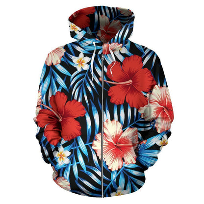 Red Hibiscus Hawaiian Tropical Flower Women Men Zip Up Hoodie
