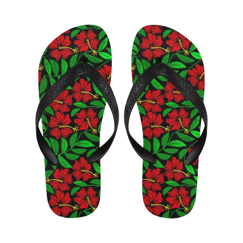 Red Hibiscus Embroidered Pattern Print Design HB03 Flip Flops-JorJune