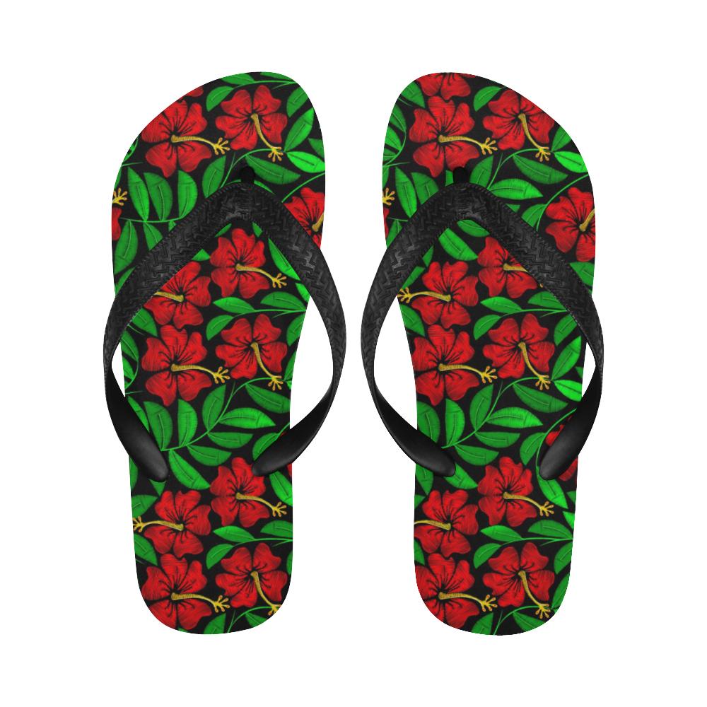 Red Hibiscus Embroidered Pattern Print Design HB03 Flip Flops-JorJune