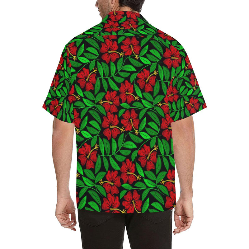 Red Hibiscus Embroidered Pattern Print Design HB03 Men Hawaiian Shirt-JorJune