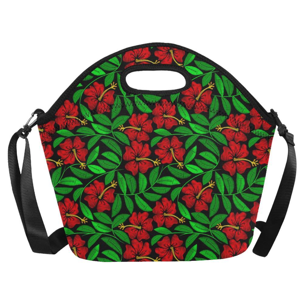 Red Hibiscus Embroidered Pattern Print Design HB03 Neoprene Lunch Bag-JorJune