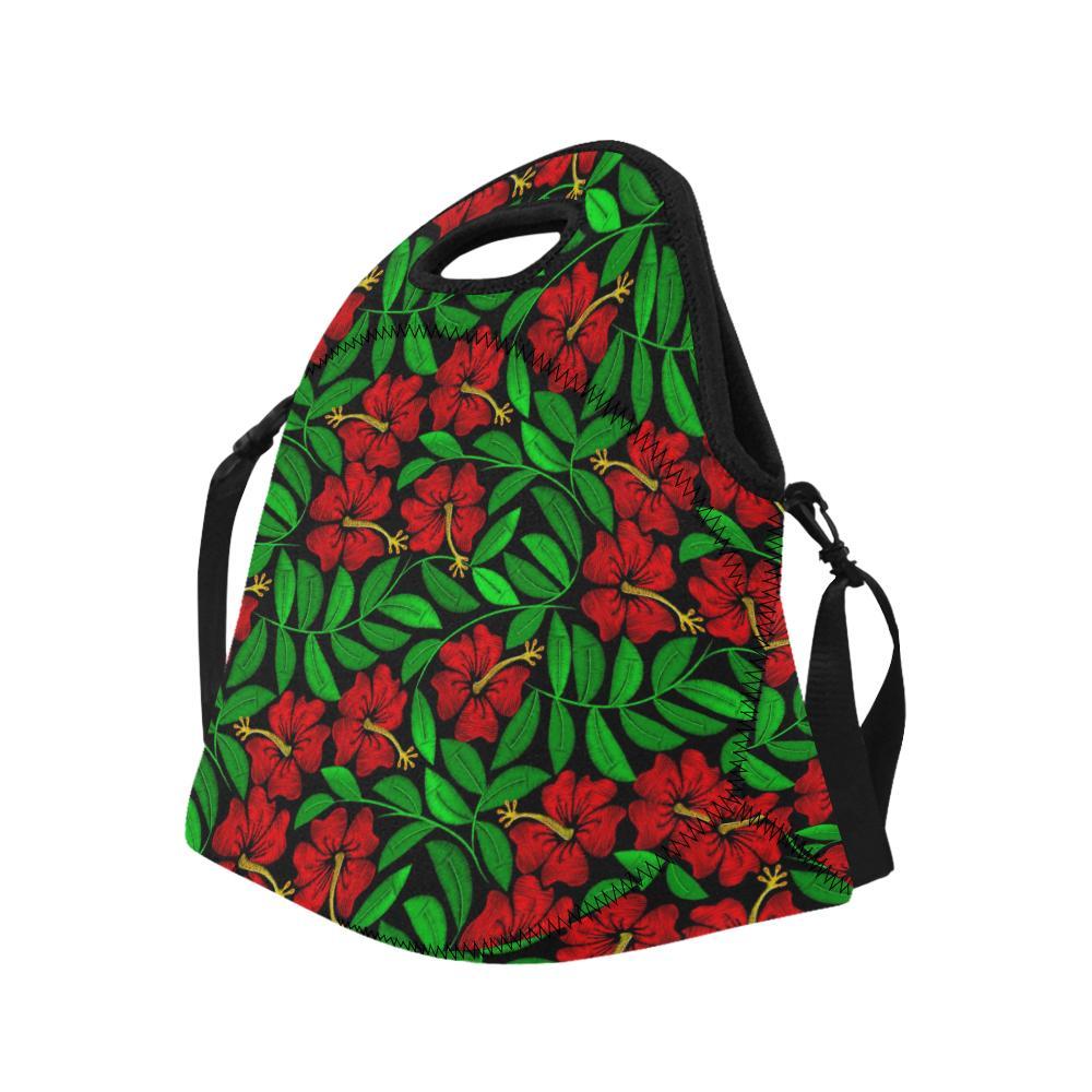 Red Hibiscus Embroidered Pattern Print Design HB03 Neoprene Lunch Bag-JorJune