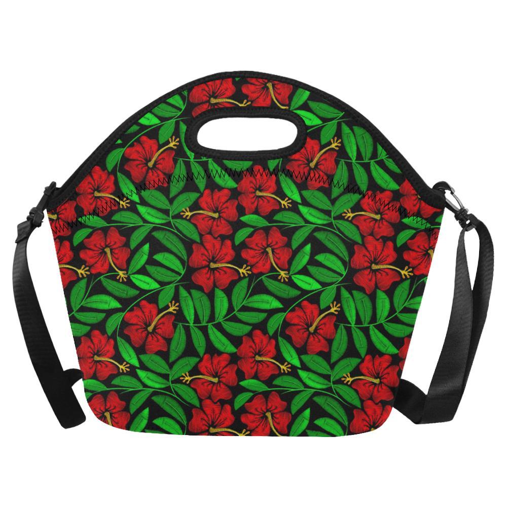 Red Hibiscus Embroidered Pattern Print Design HB03 Neoprene Lunch Bag-JorJune
