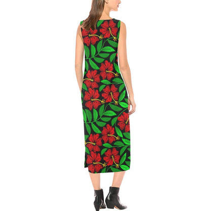 Red Hibiscus Embroidered Pattern Print Design HB03 Sleeveless Open Fork Long Dress