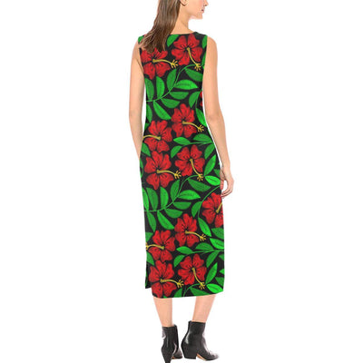 Red Hibiscus Embroidered Pattern Print Design HB03 Sleeveless Open Fork Long Dress