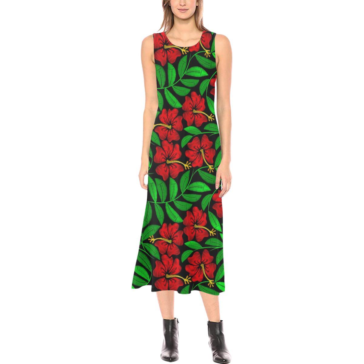 Red Hibiscus Embroidered Pattern Print Design HB03 Sleeveless Open Fork Long Dress