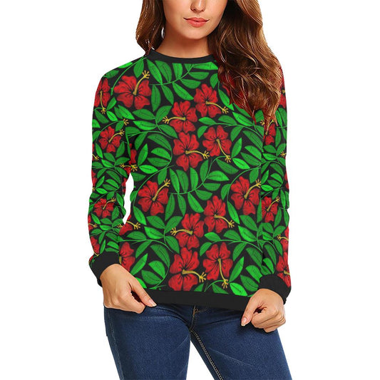 Red Hibiscus Embroidered Pattern Print Design HB03 Women Long Sleeve Sweatshirt-JorJune