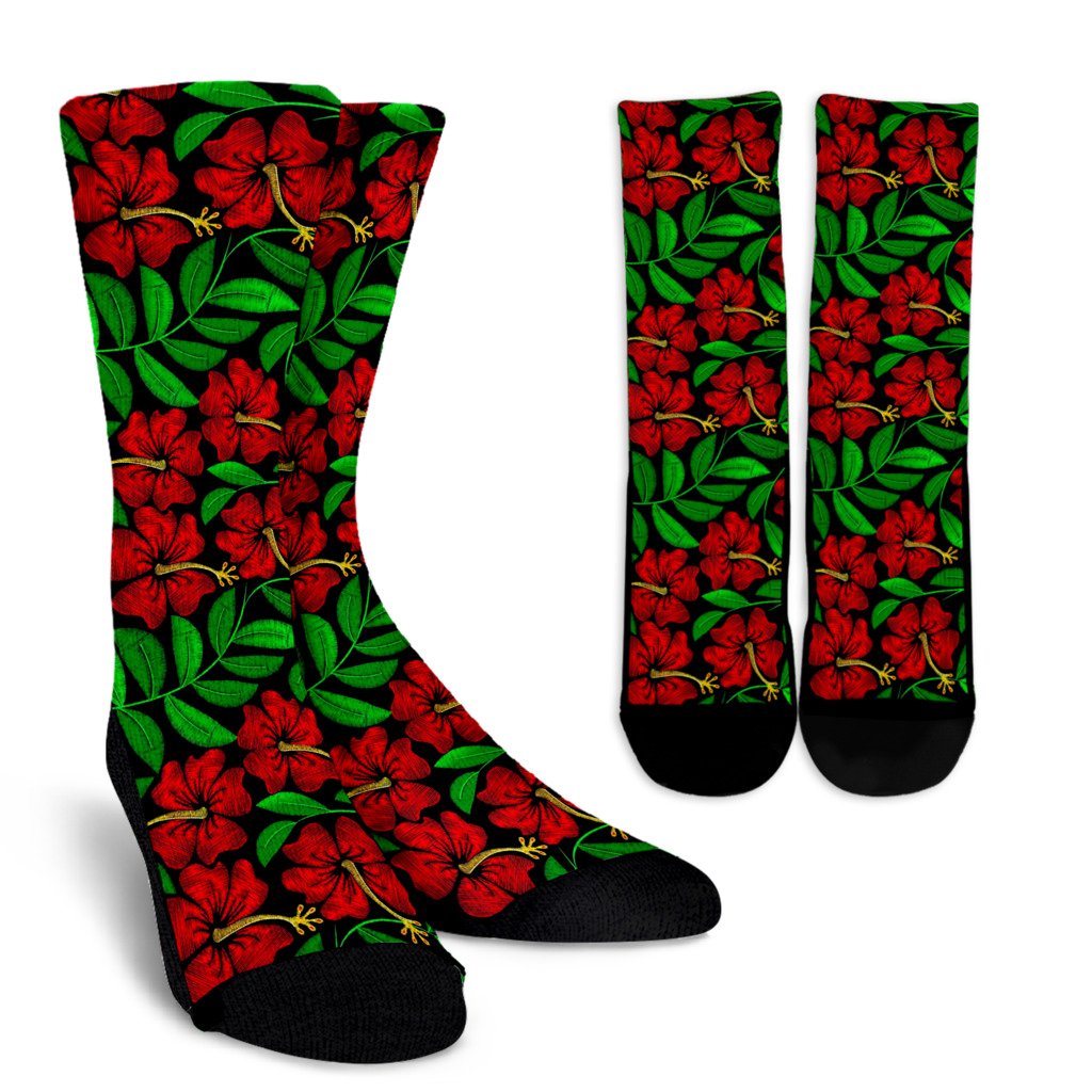 Red Hibiscus Embroidered Pattern Print Design HB032 Crew Socks-JORJUNE.COM