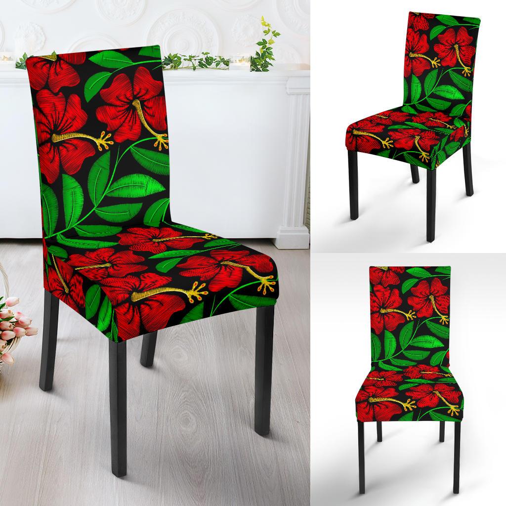 Red Hibiscus Embroidered Pattern Print Design HB032 Dining Chair Slipcover-JORJUNE.COM