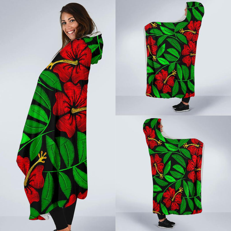 Red Hibiscus Embroidered Pattern Print Design HB032 Hooded Blanket-JORJUNE.COM