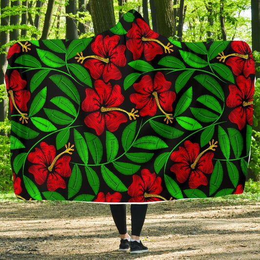Red Hibiscus Embroidered Pattern Print Design HB032 Hooded Blanket-JORJUNE.COM