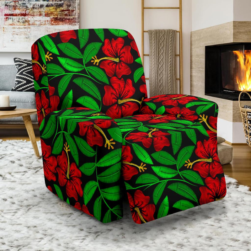 Red Hibiscus Embroidered Pattern Print Design HB032 Recliner Slipcover-JORJUNE.COM