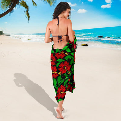 Red Hibiscus Embroidered Pattern Print Design HB032 Sarong Pareo Wrap-JORJUNE.COM